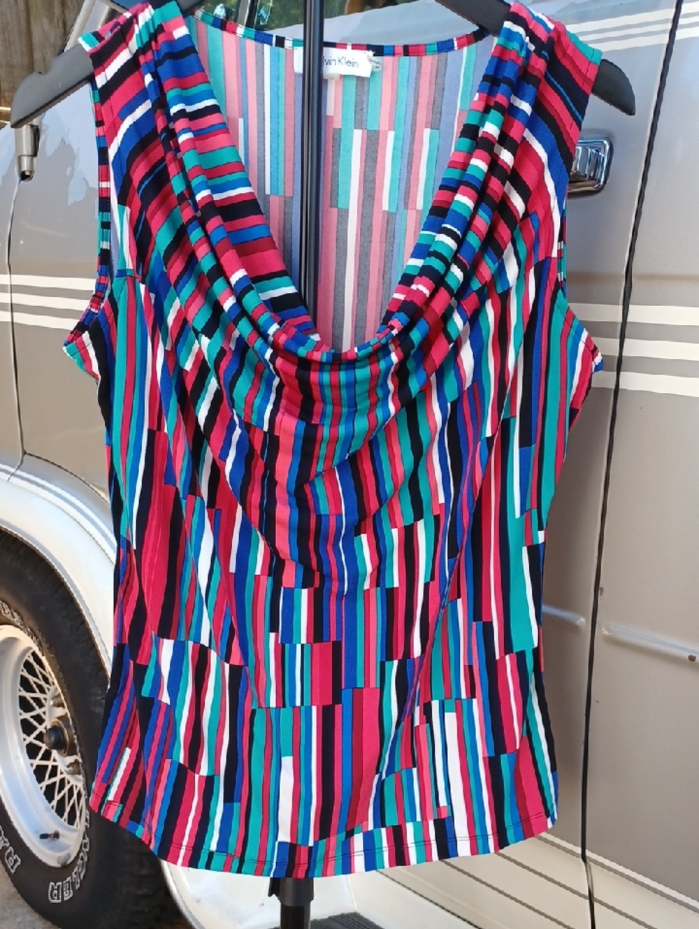 Calvin Klein multicolor graphic striped sleeveless blouse with a draped cowl nec